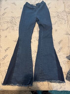 Dark Blue Flared Jeans with Ruffled Elastic Waist